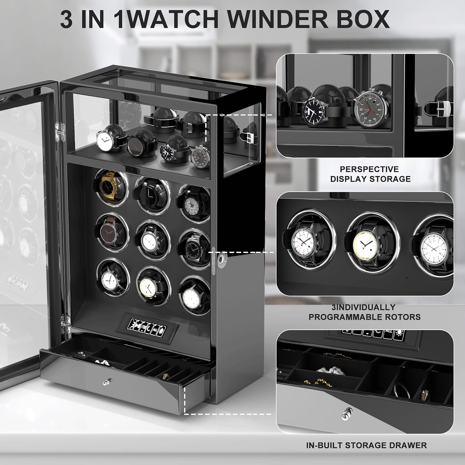 DUKWIN Watch Winder, Fingerprint Lock Automatic Watch Winder for 3/6/9 Watches with 4 Holders,300-2300 TPD,Digital Display, Remote Control,Jewelry Storage and Adjustable Watch Pillow and LED Light