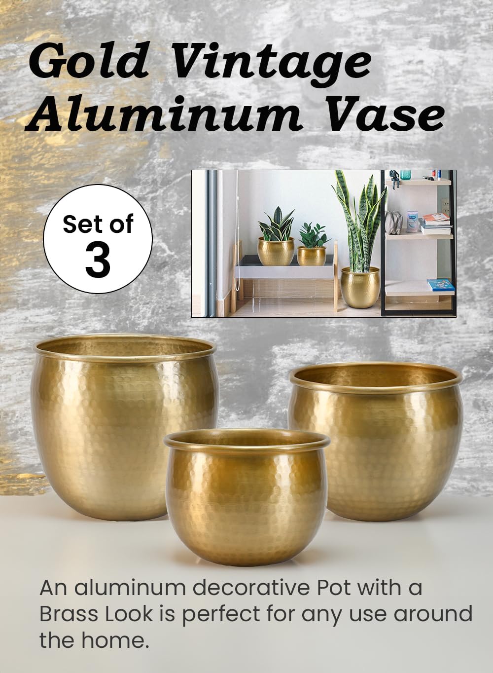 Serene Spaces Living Gold Brass Look Vintage Aluminum Vase - Perfect Decorative Accent for Plants, Weddings, and Events, Metallic Pot for Home, KIT - Small, Medium and Large