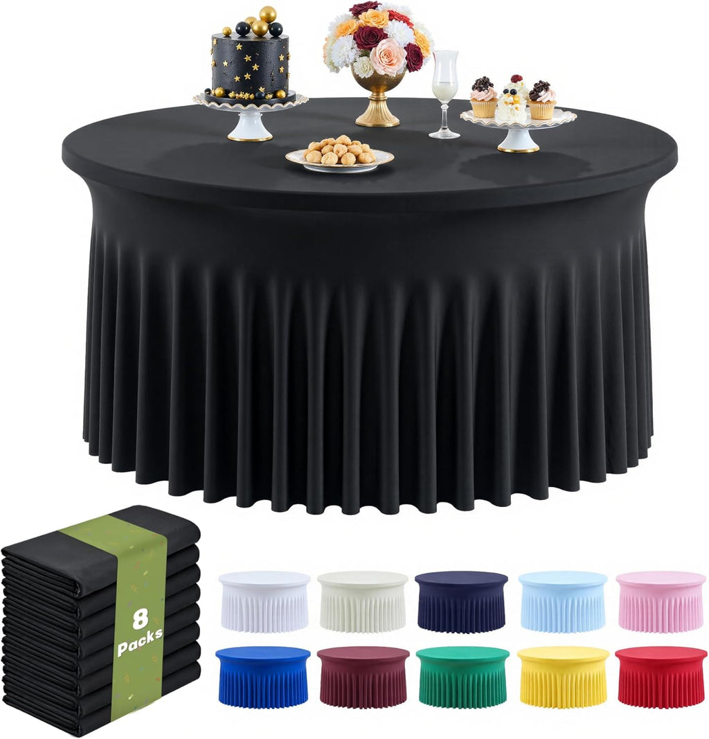 Outpain 8 Pack Black Round Spandex Tablecloth for 60 Inch/5FT Tables - Stretchy Table Cloth with Skirt, Wrinkle-Free Fitted Cloth for Wedding Vendor, Banquet & Graduation Decor (120' Round)