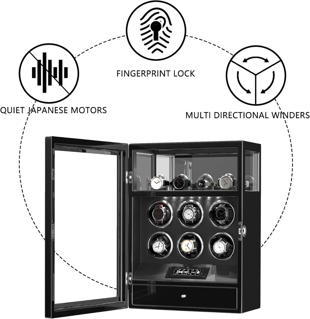 DUKWIN Watch Winder, Fingerprint Lock Automatic Watch Winder for 3/6/9 Watches with 4 Holders,300-2300 TPD,Digital Display, Remote Control,Jewelry Storage and Adjustable Watch Pillow and LED Light