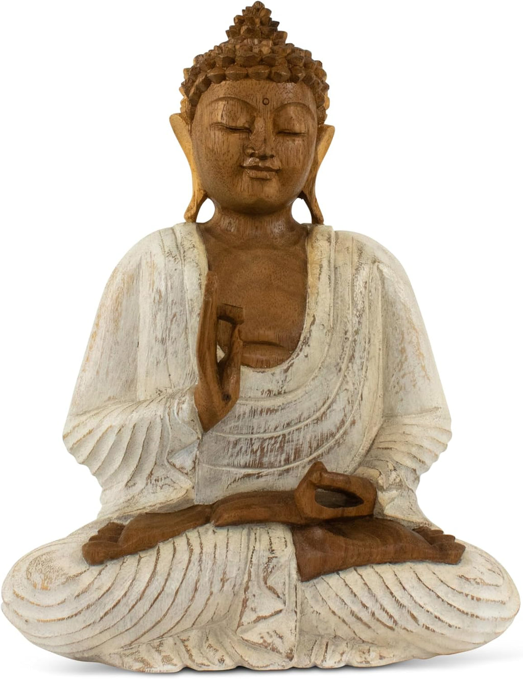 G6 Collection Wooden Serene Meditating Sitting Buddha Art Statue Hand Carved Sculpture Home Decor (16' Tall – Whitewashed)