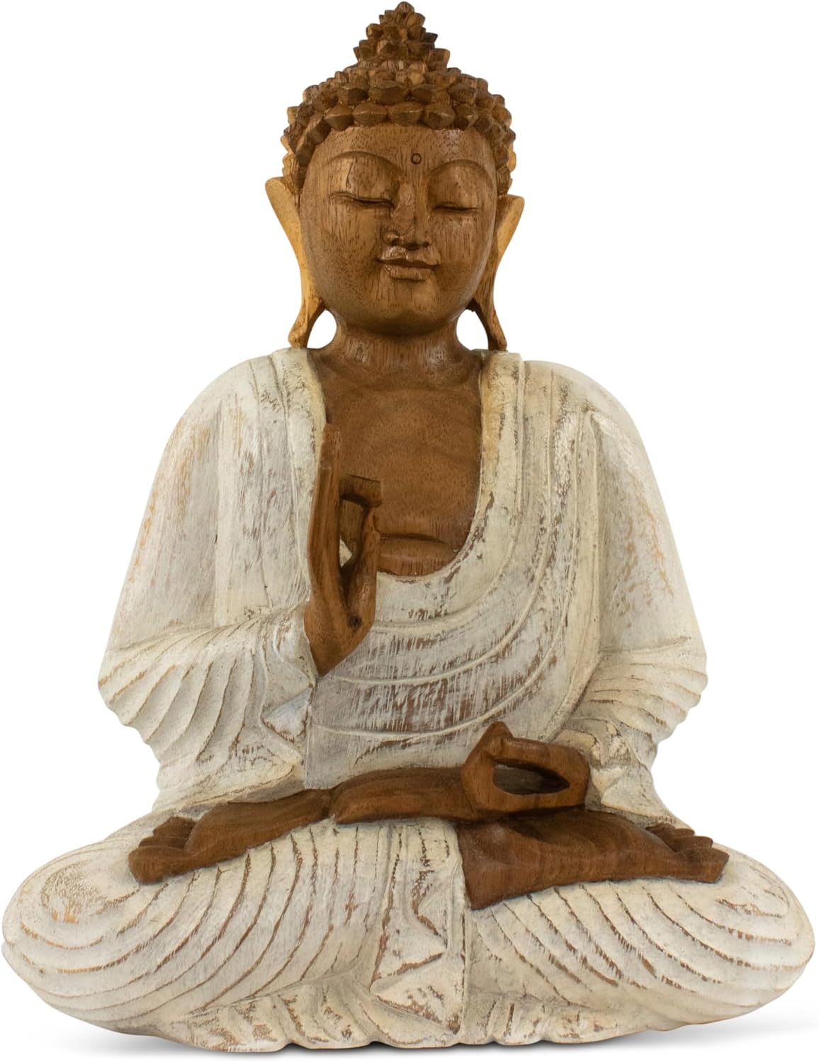 G6 Collection Wooden Serene Meditating Sitting Buddha Art Statue Hand Carved Sculpture Home Decor (16' Tall – Whitewashed)