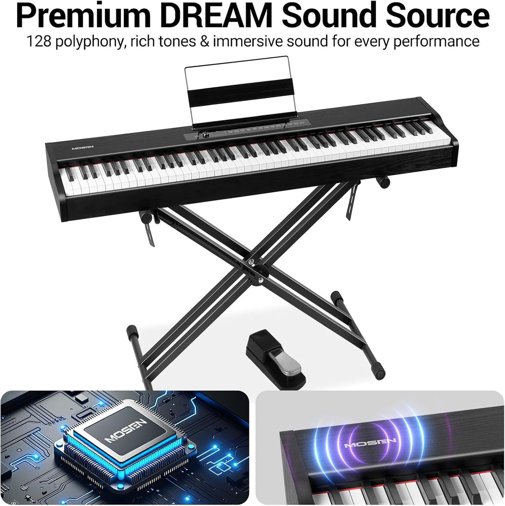 MOSEN Digital Piano 88-Key Weighted Keyboard with Hammer Action, Portable Electric Piano Set with X Stand, Recording Headphone Mode, Sustain Pedal, Music Rest, Dual Keyboard for Beginner, MDP-80D