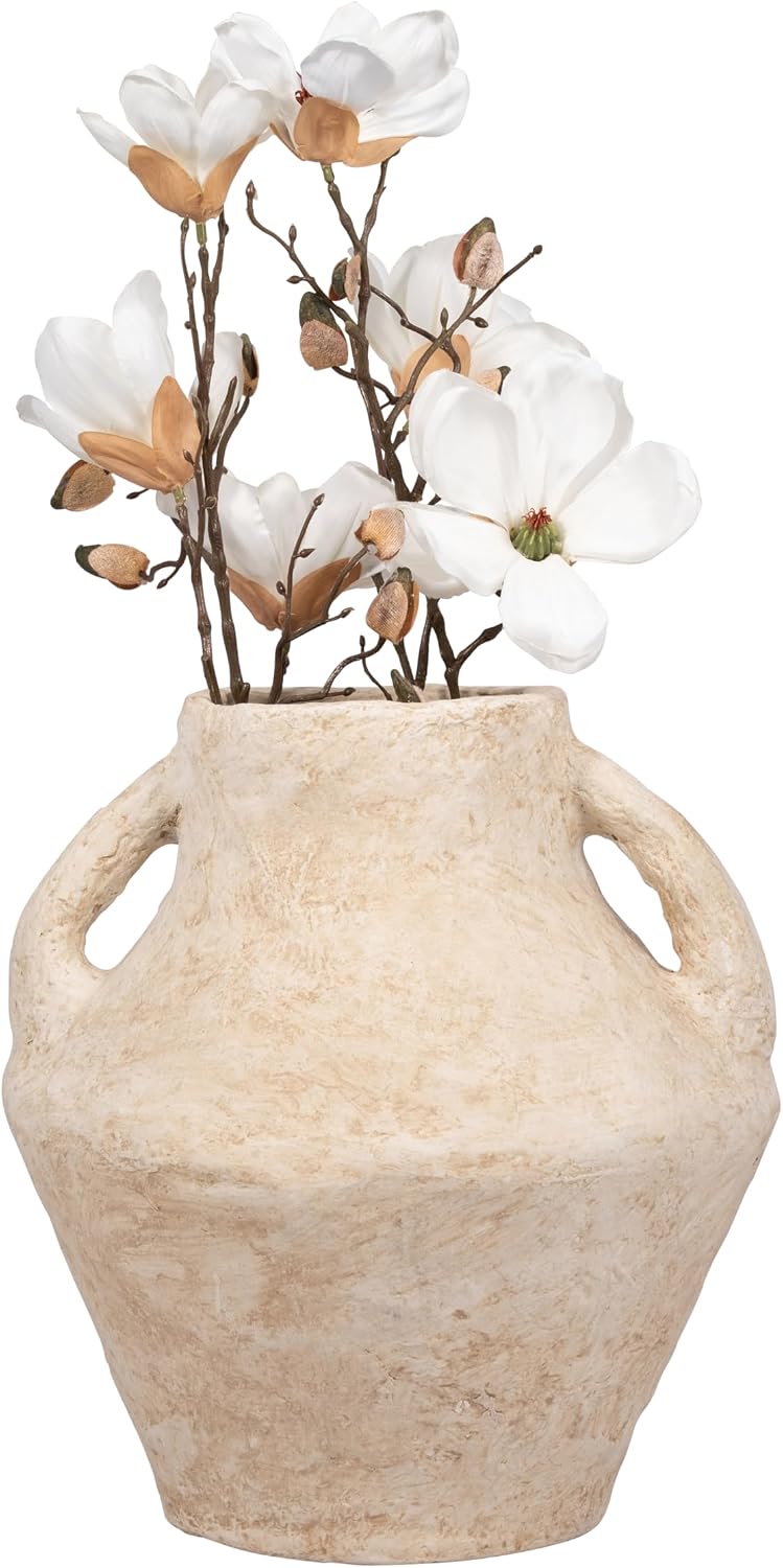 Paper Mache Vase – Flower Holder for Stems and Greenery, Living Room or Bedroom Shelf and Table Styling, Textured Pottery Look Home Decor Accent for Collected Spaces – 14', White Vase