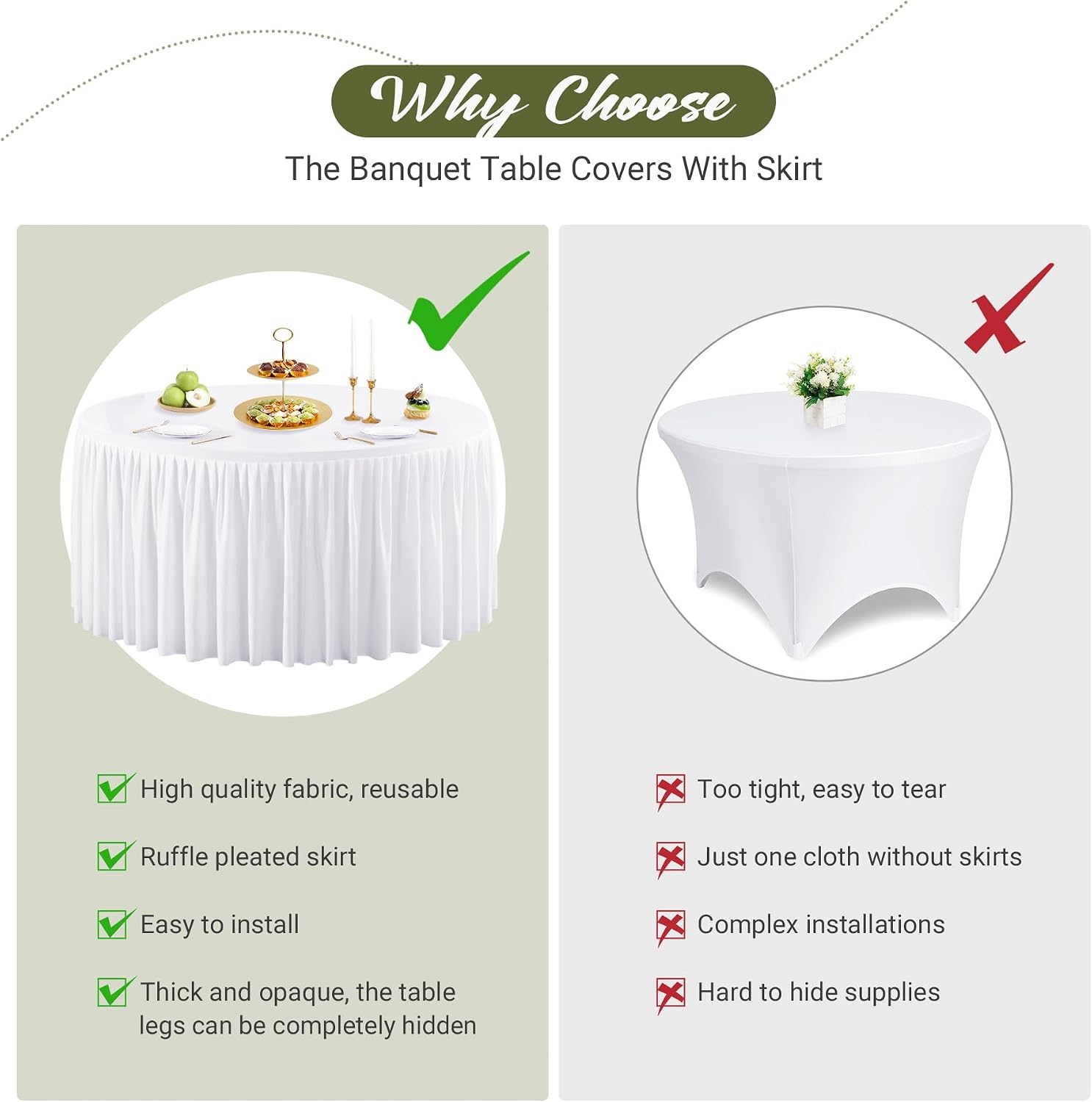 Wish Care 6 Packs 5FT Round Tablecloth 60 Inch, White Stretchy Fitted Table Cloths, Wrinkle Resistant Polyester Table Cover with Pleated Ruffle Skirt for Party, Wedding and Banquet Decoration