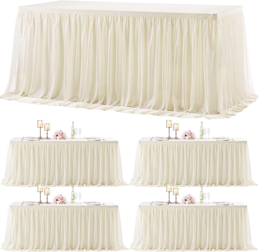 4 Pack 8ft Ivory Tulle Tablecloths for Rectangle Tables, 8 Foot Ivory Rectangular Table Cloth Wrinkle Free Tablecover with Tutu Skirt for Wedding Baby Shower Birthday Party Banquet Buffet Cake