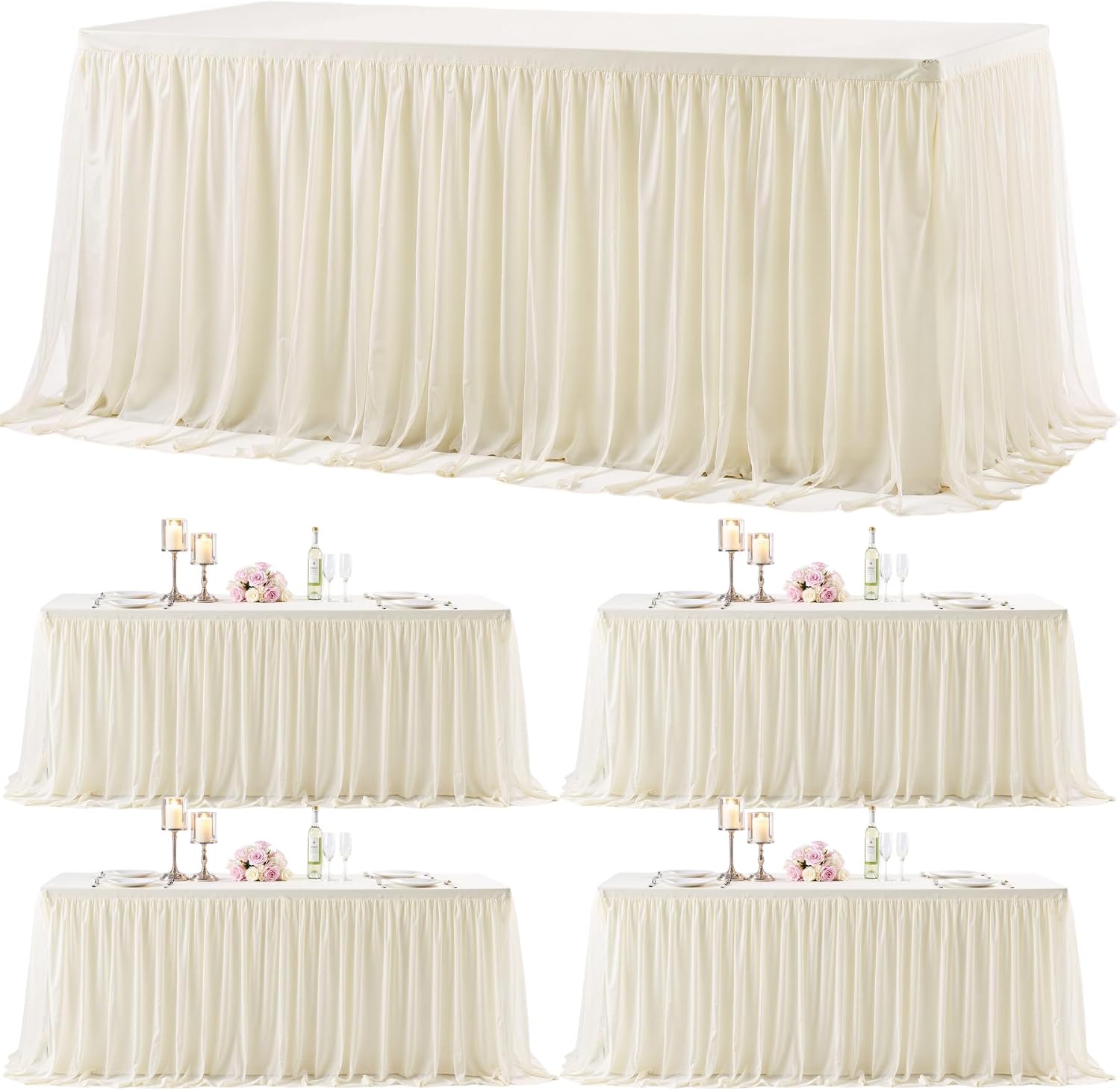 4 Pack 8ft Ivory Tulle Tablecloths for Rectangle Tables, 8 Foot Ivory Rectangular Table Cloth Wrinkle Free Tablecover with Tutu Skirt for Wedding Baby Shower Birthday Party Banquet Buffet Cake