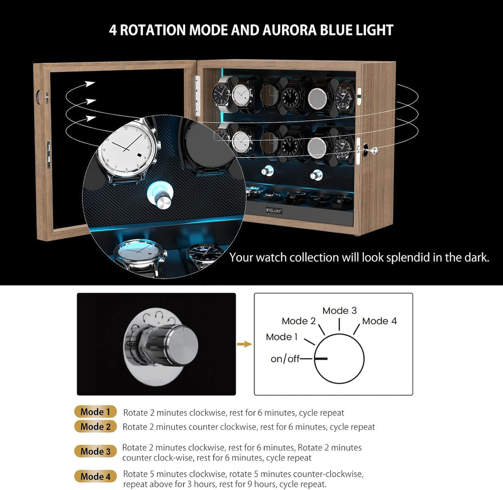 XTELARY Lockable Automatic Watch Winder - 4/6/8/12 Watch Storage, 4 Rotation Modes, Quiet Motor, Backlight