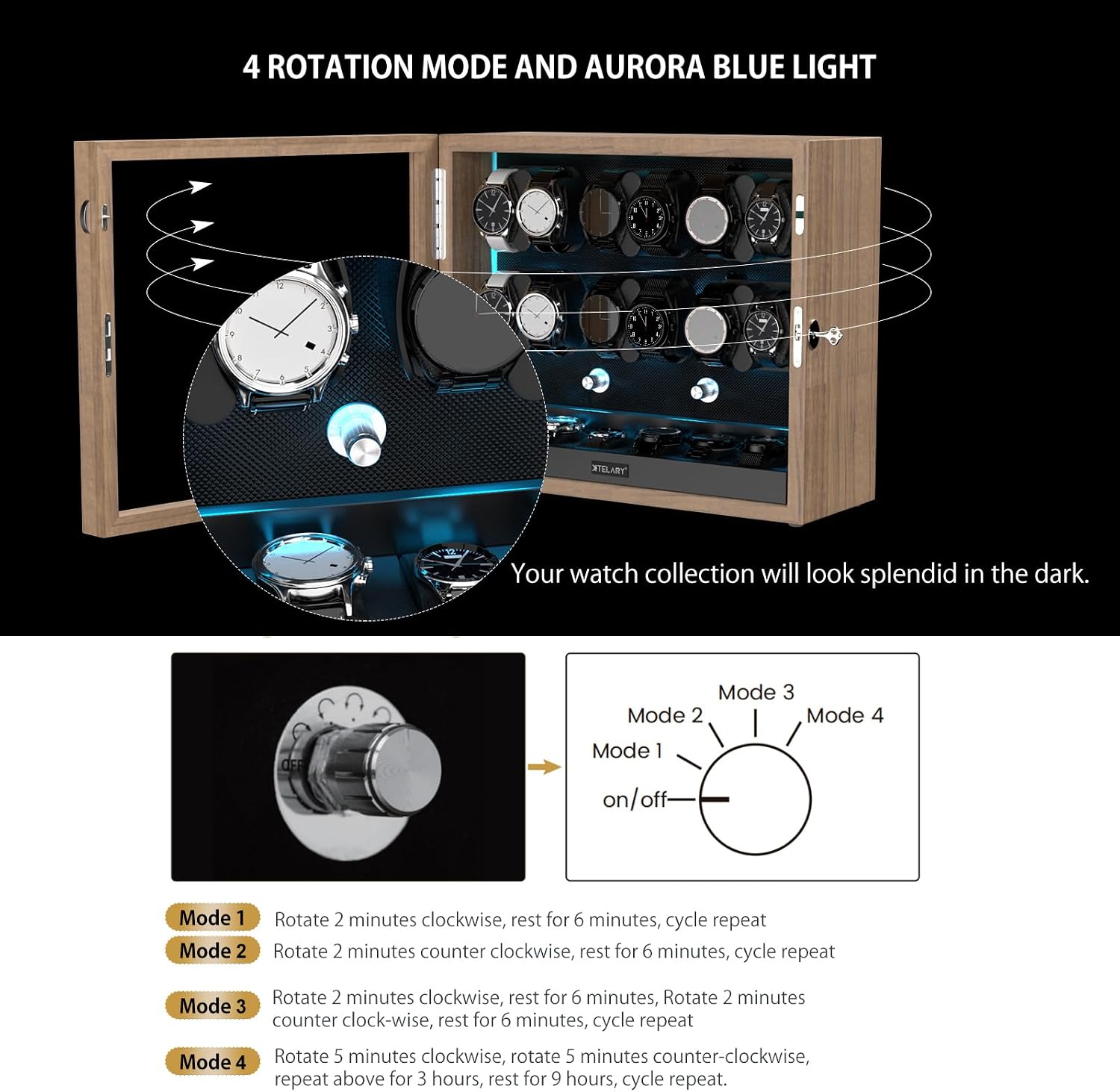XTELARY Lockable Automatic Watch Winder - 4/6/8/12 Watch Storage, 4 Rotation Modes, Quiet Motor, Backlight
