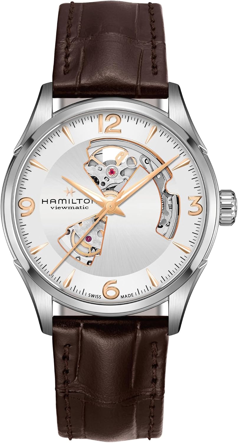 Hamilton Jazzmaster Open Heart Automatic Men's Watch, 42mm Stainless Steel Case, Swiss Made, Silver Dial Analog Wrist Watch, 50m Waterproof, Sapphire Crystal, 3-Hand Movement, Calf Leather Strap