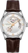 Hamilton Jazzmaster Open Heart Automatic Men's Watch, 42mm Stainless Steel Case, Swiss Made, Silver Dial Analog Wrist Watch, 50m Waterproof, Sapphire Crystal, 3-Hand Movement, Calf Leather Strap