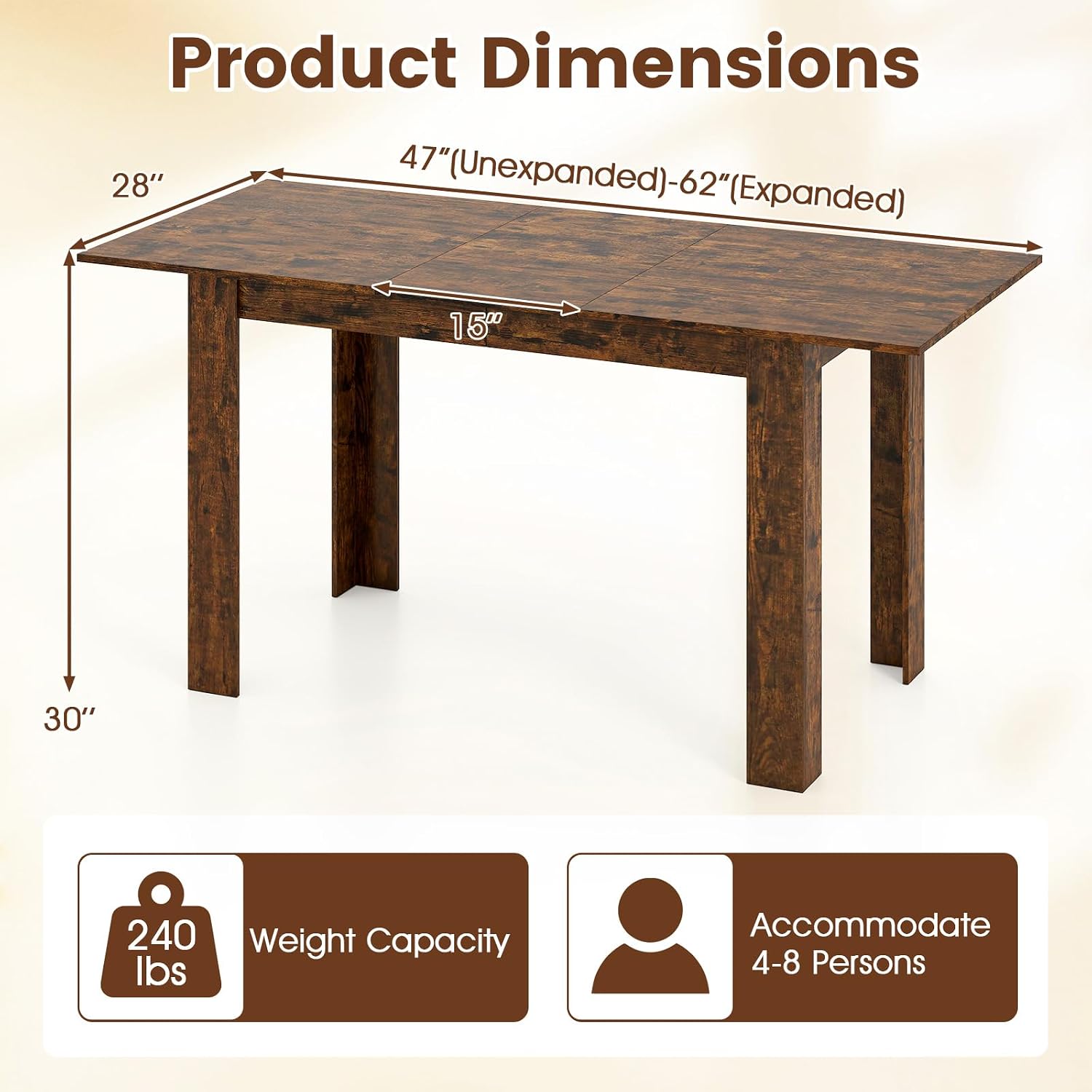 GOFLAME 47'-62' Extendable Dining Table for 4-6 People, Large Rectangular Kitchen Table with L-Shaped Legs, Space Saving Dining Room Table for Kitchen, Living Room, Office, Small Space, Rustic Brown
