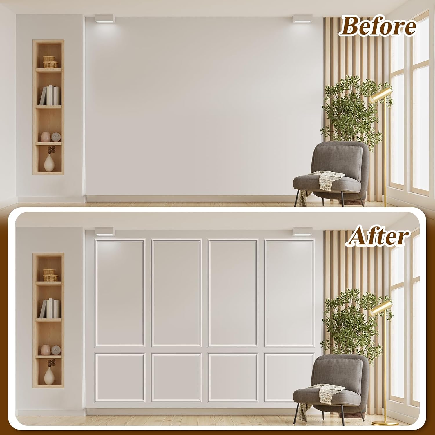 Pangda Peel and Stick Wall Molding Kit, 3D Premade Accent Molding Wainscoting Panel for Interior Wall Moulding Decor, Ready to Assemble Wainscoting Accent Panel(6 Set,24 x 54 in)