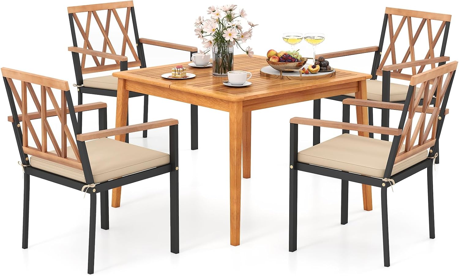 Tangkula 5 Piece Wood Outdoor Dining Set for 4, Rectangular Patio Acacia Wood Table Set with 4 Cushioned Chairs, Umbrella Hole, Heavy Duty Metal Frame for Deck Porch Backyard