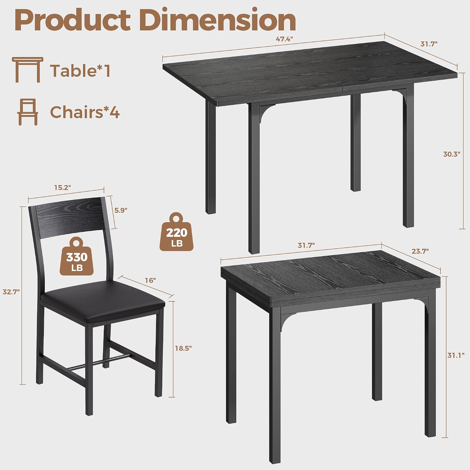 IRONCK 5-Piece Dining Table Set for 4, Extendable Kitchen Table Chairs Set of 4, Dining Room Table with 4 Upholstered Chairs, Folding for Small Space, Apartment, Black