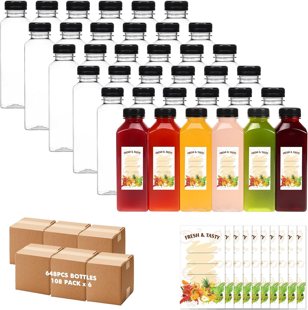 BAKHUK 648pcs 16oz Empty Plastic Juice Bottles with Caps, Plastic Water Bottles with lids, Reusable Clear Bulk Beverage Containers for Juice, Milk and Other Beverages