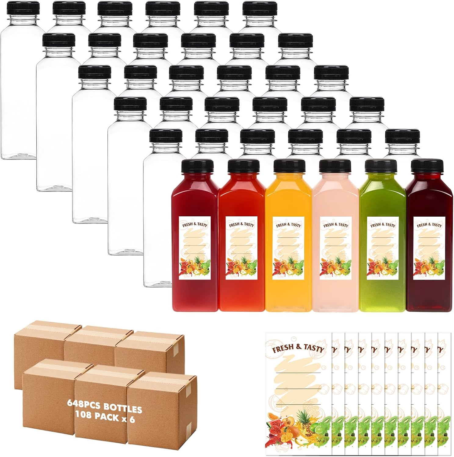 BAKHUK 648pcs 16oz Empty Plastic Juice Bottles with Caps, Plastic Water Bottles with lids, Reusable Clear Bulk Beverage Containers for Juice, Milk and Other Beverages