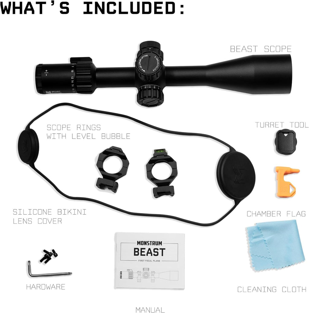 Monstrum Beast 6-24x50 FFP Rifle Scope | Featuring ED Glass, Adjustable Objective, Precision Turrets with Zero Stop, Daylight Bright Reticle, and Anti-Cant Scope Rings