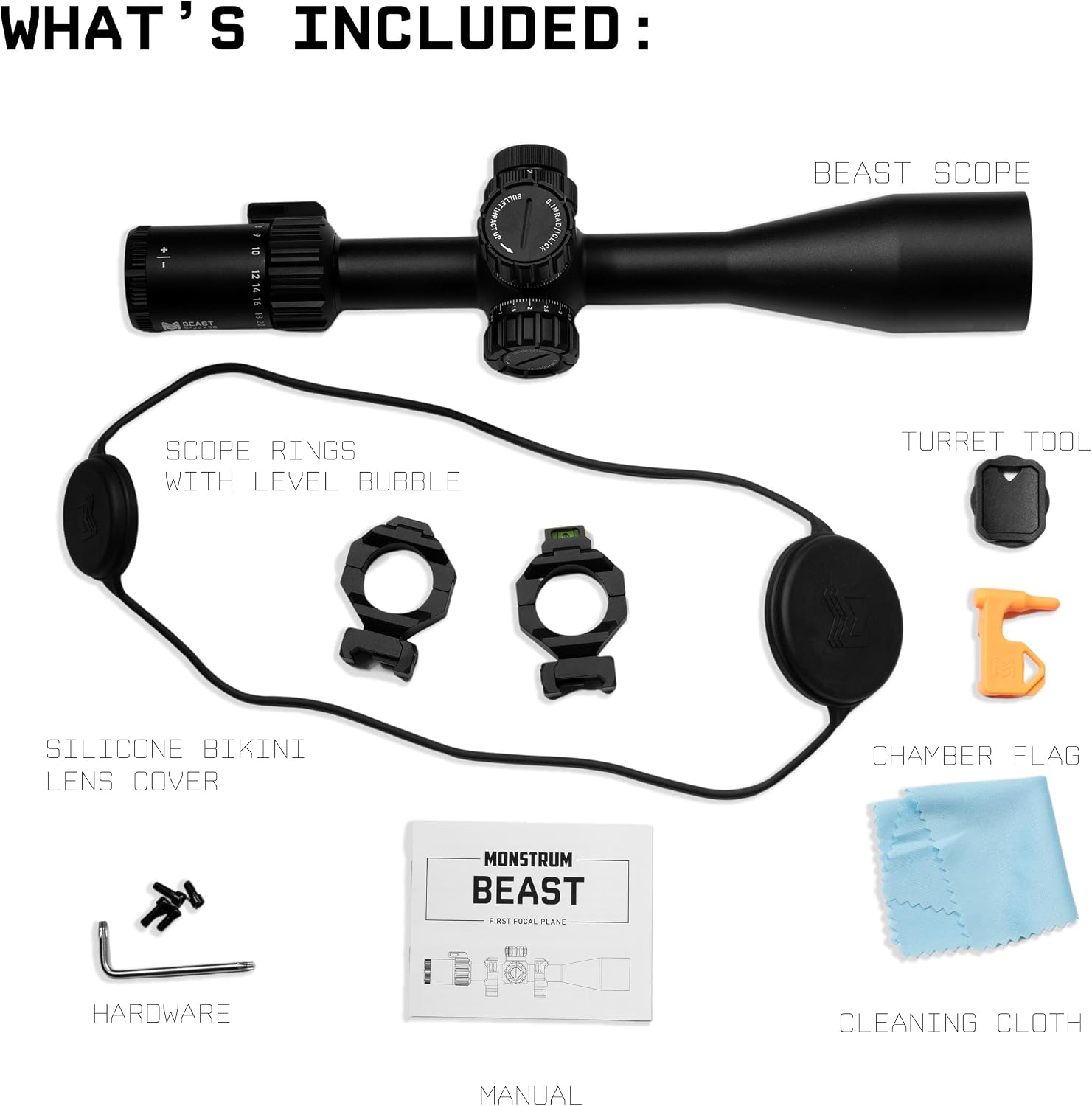 Monstrum Beast 6-24x50 FFP Rifle Scope | Featuring ED Glass, Adjustable Objective, Precision Turrets with Zero Stop, Daylight Bright Reticle, and Anti-Cant Scope Rings