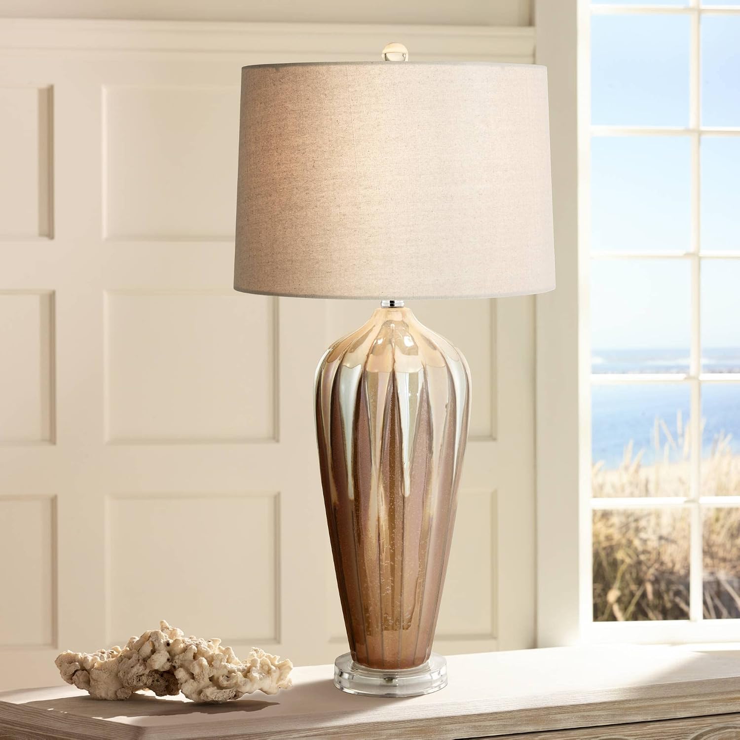 Possini Euro Design Loren 28 1/4' Tall Modern End Table Lamps Set of 2 Ivory Handcrafted Brown Ceramic Living Room Bedroom Bedside Nightstand House Office Home Reading Kitchen Entryway Console