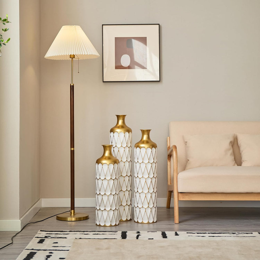 Floor Metal Decorated Vases Set of 3 for Gorgeous Home Decoration Large Glazed Metal Vases (Gold+Antique White)