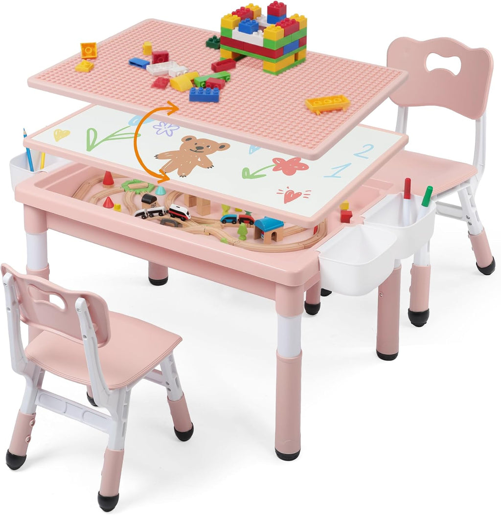 Kids Table and Chairs Set Large Storage, Height Adjustable Toddler Activity Table and 2 Chairs Set, 34.6x24.8' Graffiti/Block Building Desktop, 4 Side Boxes, Kids desk for Home, Preschool, Classroom