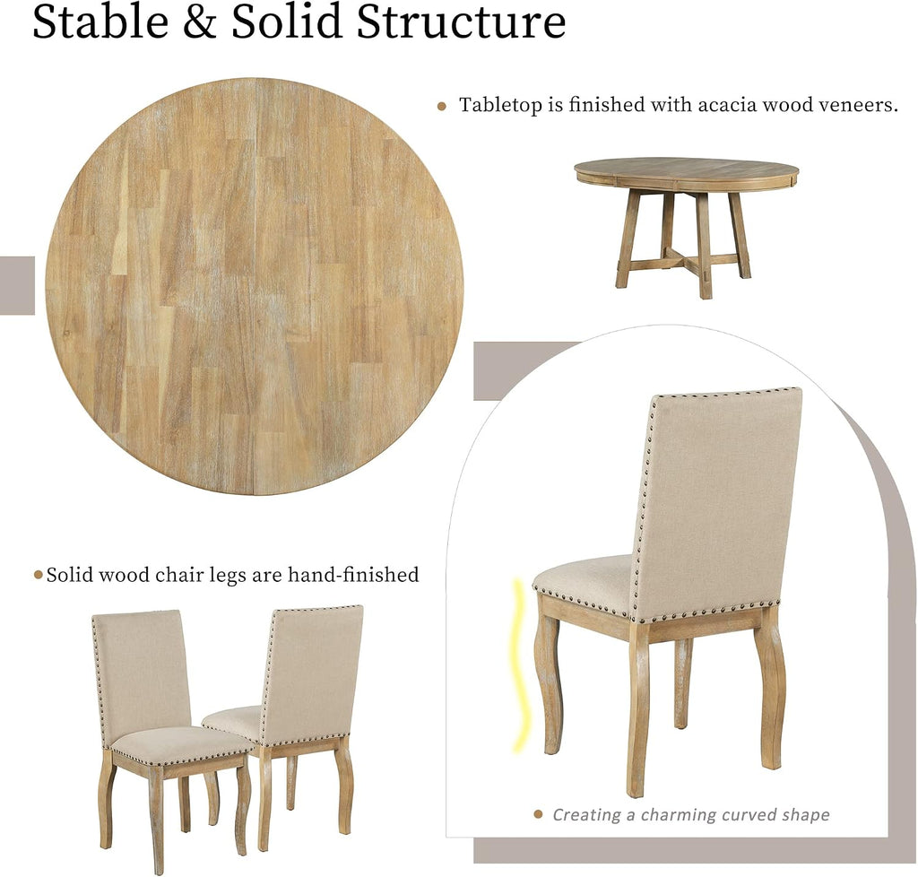 Harper & Bright Designs Kitchen Dining Table Set for 4, Wood Round Extendable Dining Table and 4 Dining Chairs Dining Table Set (Natural Wood Wash), ST000074AAE-MZJ