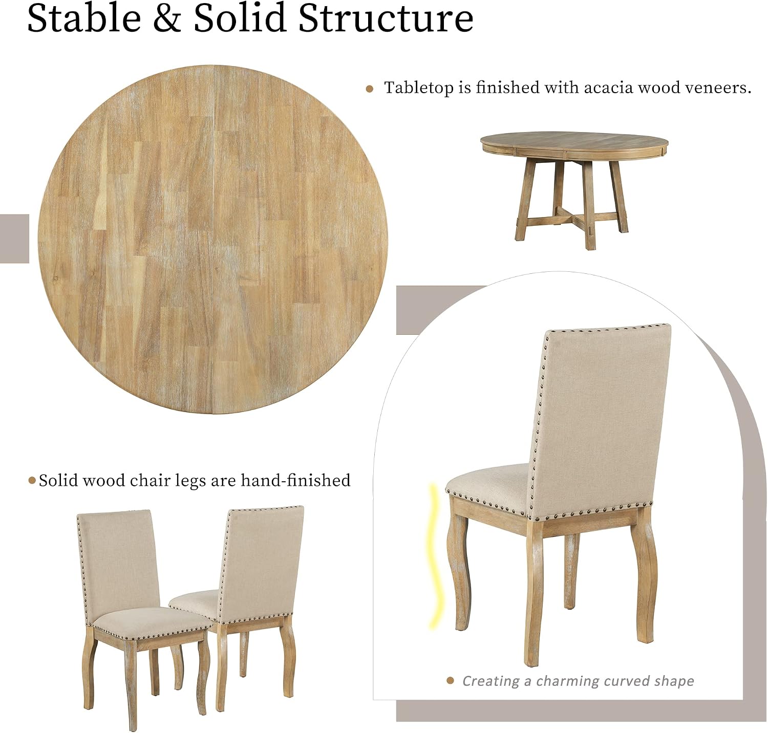 Harper & Bright Designs Kitchen Dining Table Set for 4, Wood Round Extendable Dining Table and 4 Dining Chairs Dining Table Set (Natural Wood Wash), ST000074AAE-MZJ