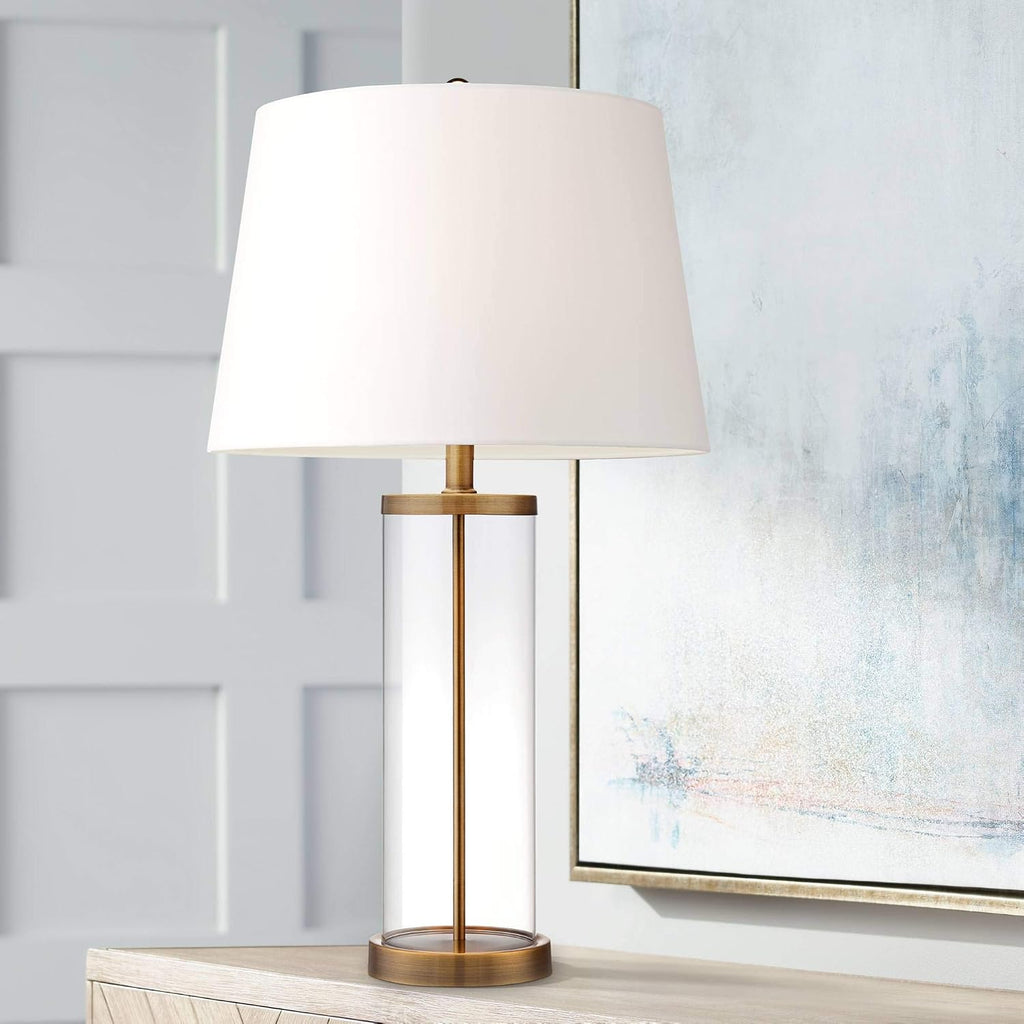 360 Lighting Modern Coastal Table Lamp Fillable 26' High Clear Glass Cylinder Gold Metal White Drum Ball Shade Decor for Living Room Bedroom Beach House Bedside Nightstand Home Office