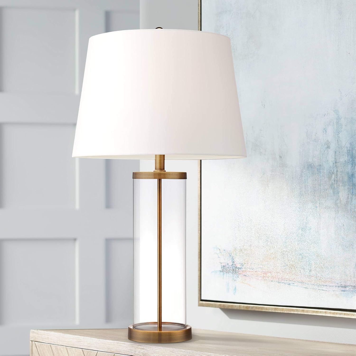 360 Lighting Modern Coastal Table Lamp Fillable 26' High Clear Glass Cylinder Gold Metal White Drum Ball Shade Decor for Living Room Bedroom Beach House Bedside Nightstand Home Office