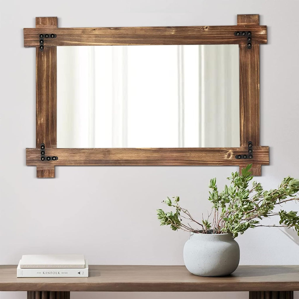 MeMoreCool 36x24 Farmhouse Rustic Wood Framed Bathroom Mirror, 24x36 Inch Wall Mounted Vanity Mirror for Bathroom Bedroom Entryway Living Room