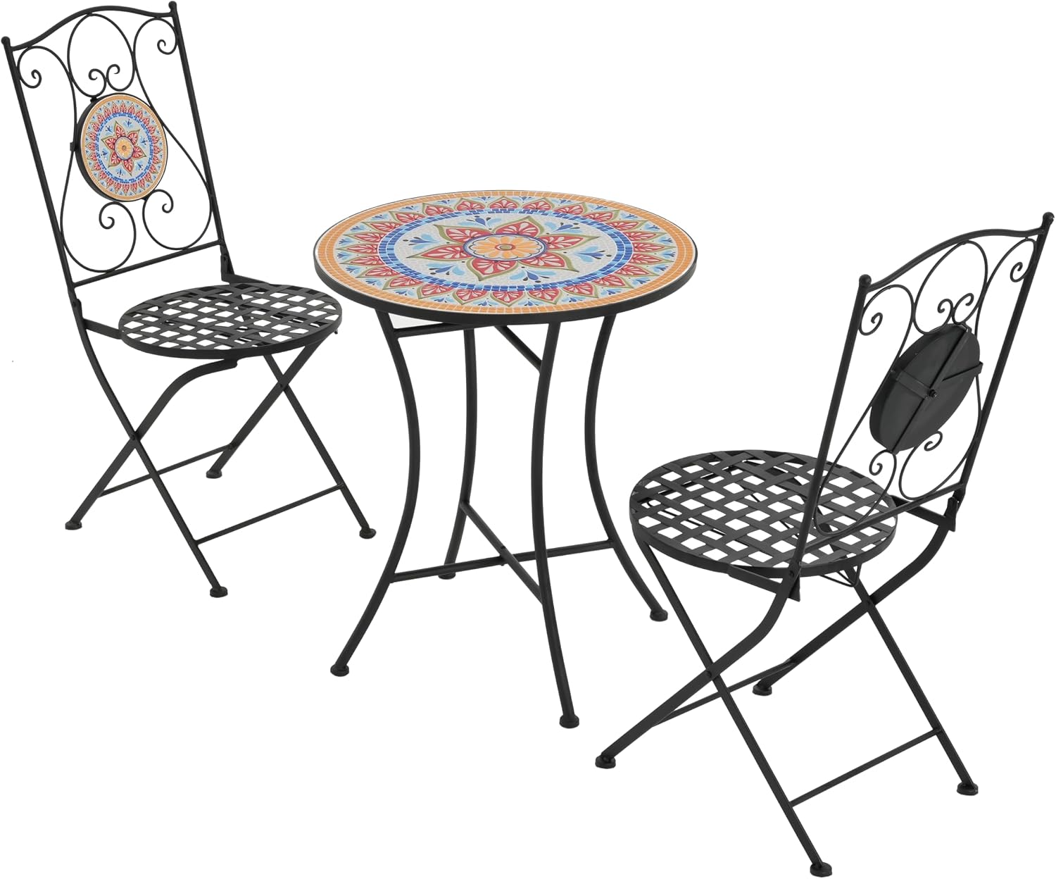 Christopher Knight Home Dorin Patio Ceramic Tile and Iron Frame Bistro Set, 2-Seater Round Top Table+Chairs Set for Garden/Balcony, Poolside, Foldable Chat Set with Iron Mesh Seating Design, Black+Red