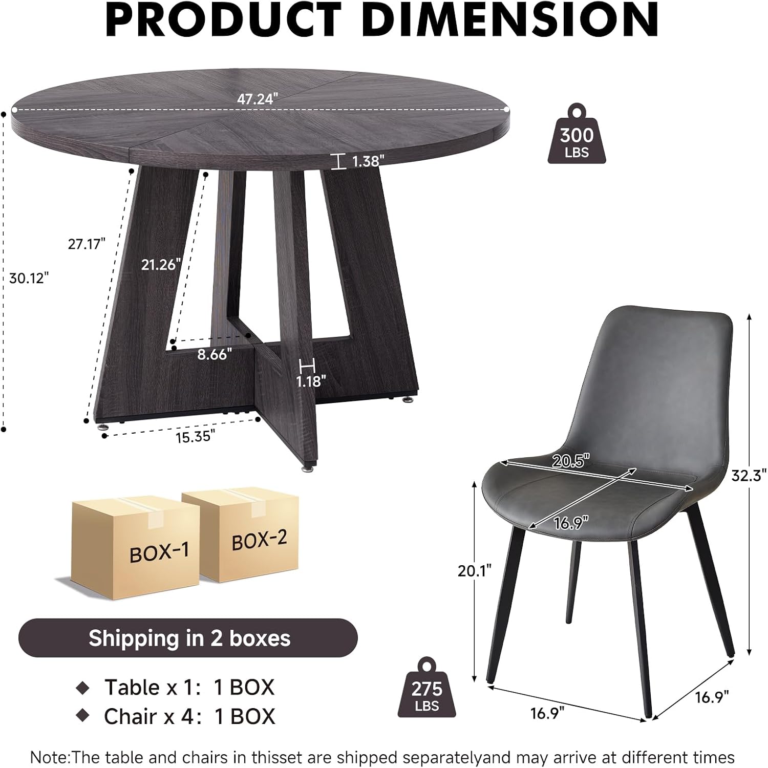 47 inch Round Dining Table Set for 4 with Chairs Kitchen Table and Chairs Set Mid-Century Modern Round Wood Kitchen Tables with Upholstered Synthetic Leather Chairs Set of 4