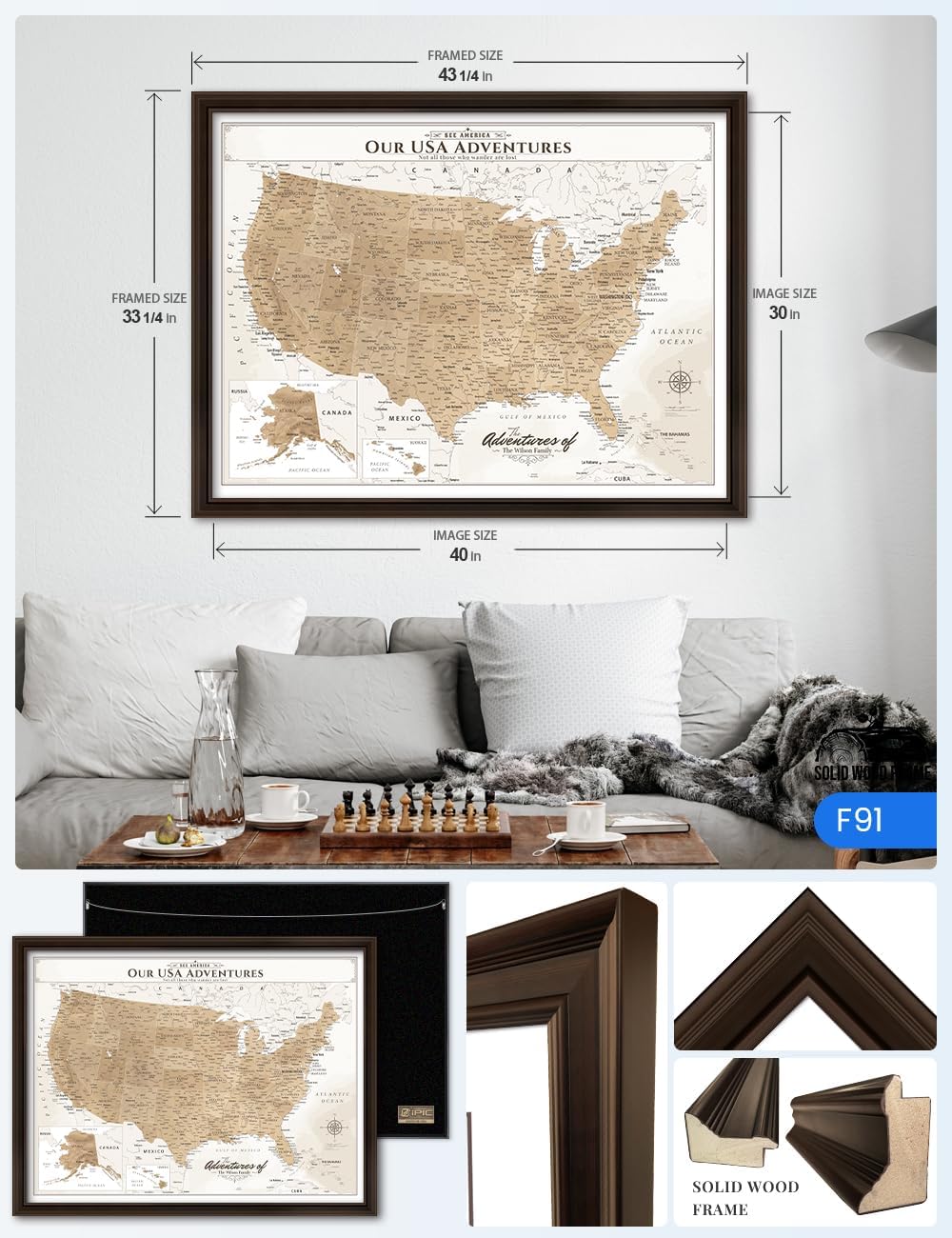 IPIC - Oversized Personalized Push Pin Travel Map USA, Custom Names, Pin Board Canvas, Vintage US Decor, Optional Wood Frame, Giclee Print, Handcrafted in USA, 40x30