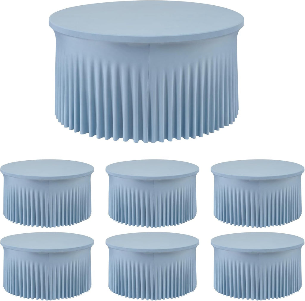 6 Pack Dusty Blue Spandex Round Tablecloths for 60 inch Table, Wrinkle Free Stretchy 120inch Fitted 5FT Round Table Cover Cloths with Skirt for Wedding Party Dining Banquet