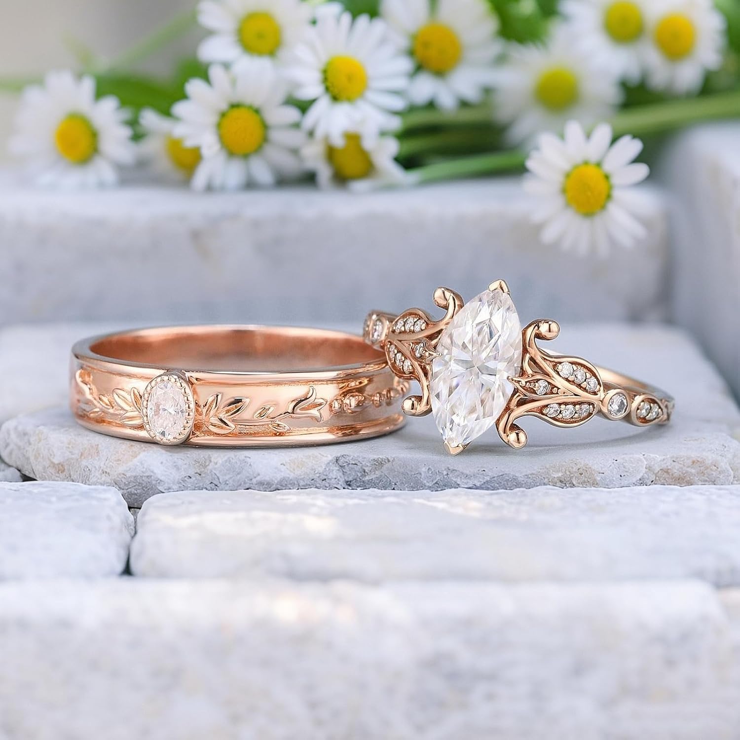 SISGEM Moissanite Couple Rings Set, 10K 14K 18K Solid Gold Moissanite Wedding Rings for Him And Her, Vintage Leaf/Branch Wedding Bands Matching Couple Rings Anniversary Jewelry Gift for Women And Men