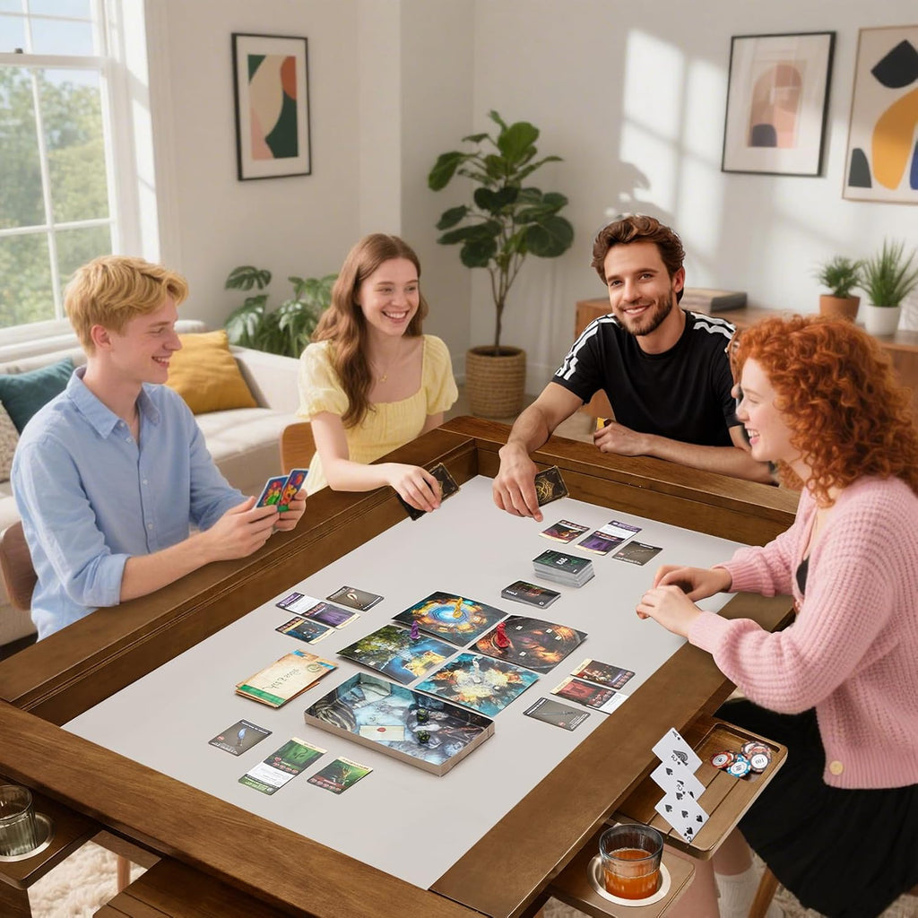 Haddockway 63' ×39' Board Game Table with Removable Top, Solid Wood Dining/Gaming Table for 4-6 Players with Play Mat, 6 Detachable Cup Holders & 6 Hobby Trays (Light Walnut)