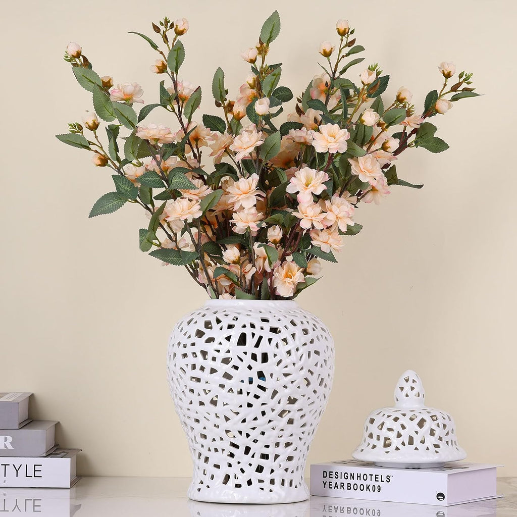 White Pierced Ginger Jar Vase with Lid - 15.7' Tall White Decorative Ceramic Jar for Home Decor, Centerpiece for Living Room, Dining Room, Entryway, or Office, Large White Vase for Flowers