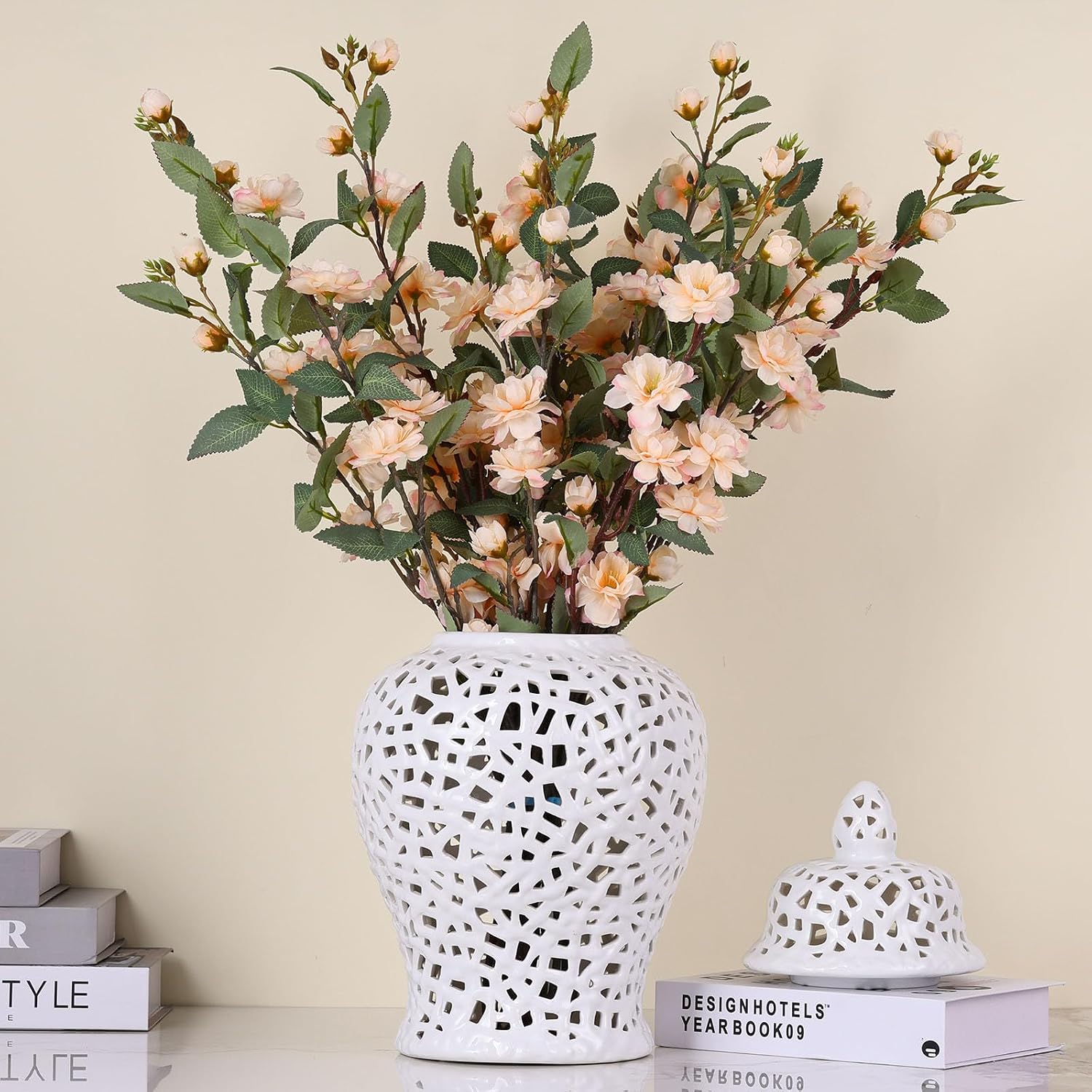 White Pierced Ginger Jar Vase with Lid - 15.7' Tall White Decorative Ceramic Jar for Home Decor, Centerpiece for Living Room, Dining Room, Entryway, or Office, Large White Vase for Flowers