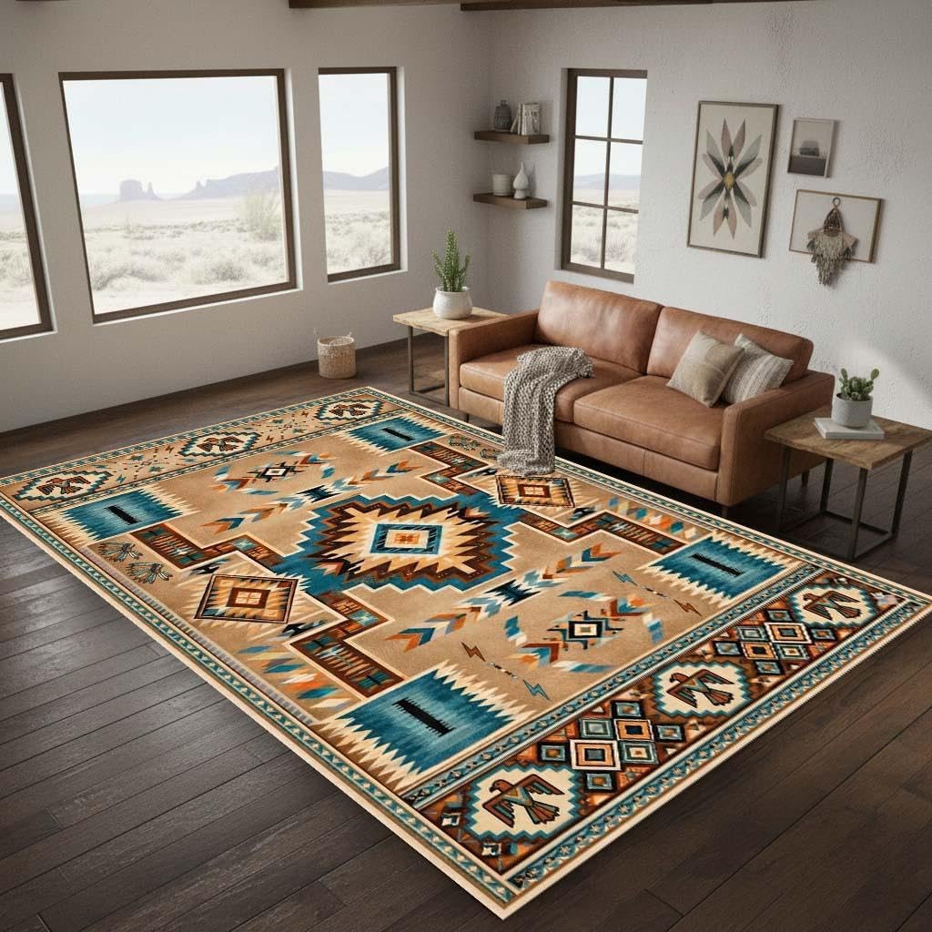 Southwestern Aztec Area Rug 5'x8' Turquoise Beige Navajo Tribal Carpet, Rustic Western Farmhouse Rug, Non Slip Washable Low Pile for Living Room Bedroom Cabin Decor