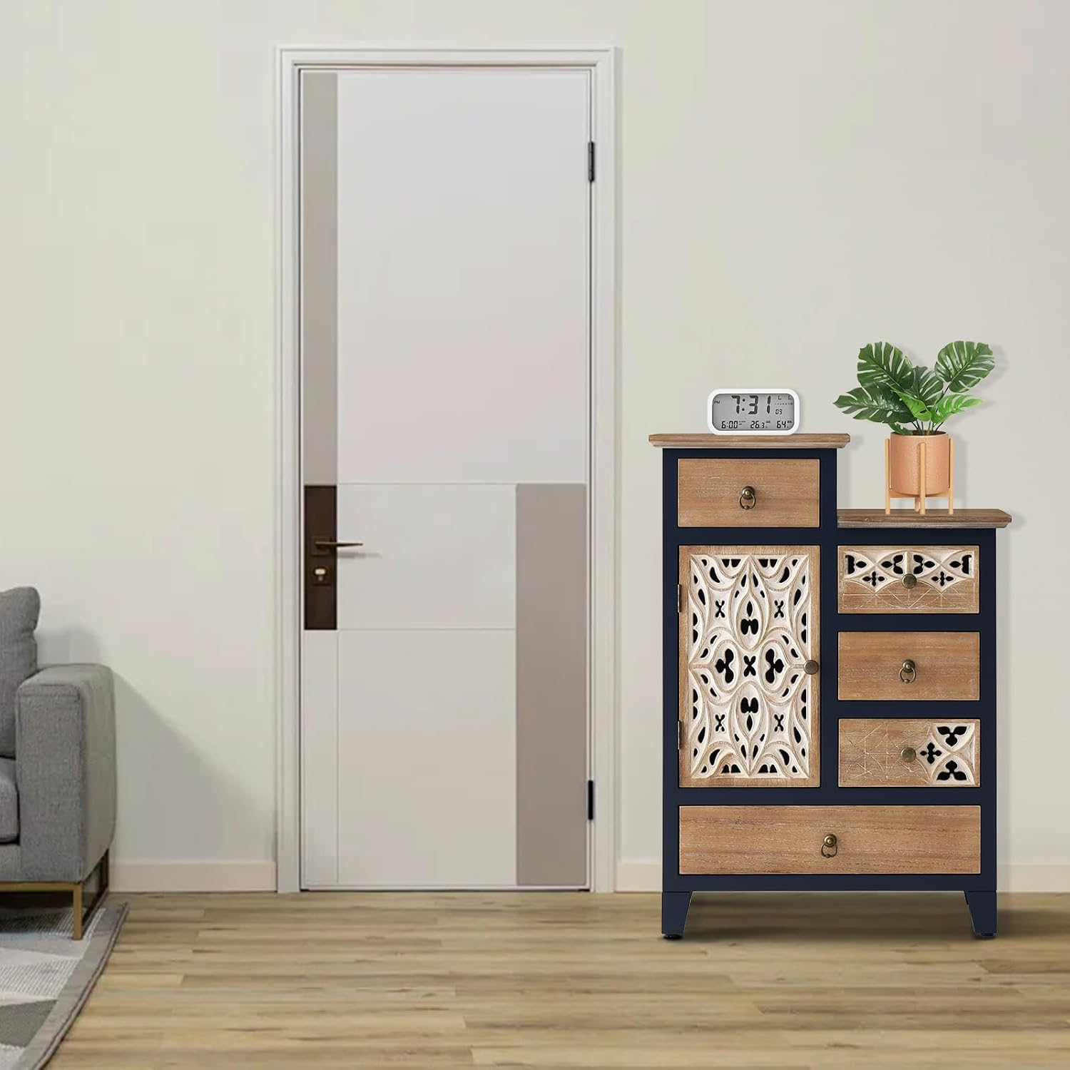 Ahokua Farmhouse Accent Chest with Carved Door and 5-Drawers, Vintage Storage Cabinet Modern Dresser for Living Room, Entryway, Hallway, Multi-Drawer Organizer, Natural and Deep Blue