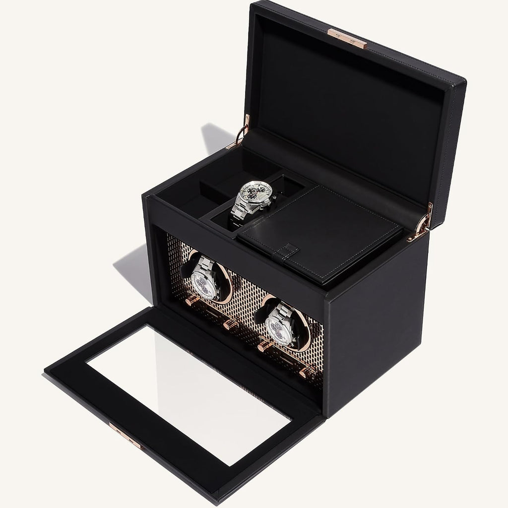 Wolf Axis Watch Winder with Storage - Secure Fit with Patented Lock-in Dynamic Cuff - Accommodates All Wrist Sizes - Vegan Leather - Includes Universal Adapter
