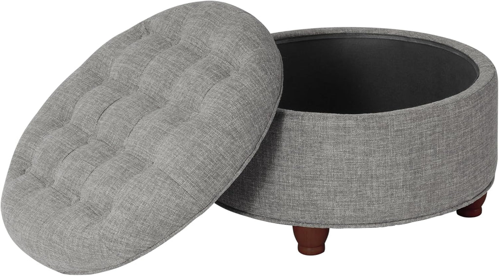 Homepop Home Decor |Button Tufted Woven Round Storage Ottoman | Ottoman with Storage for Living Room & Bedroom (Gray Woven)