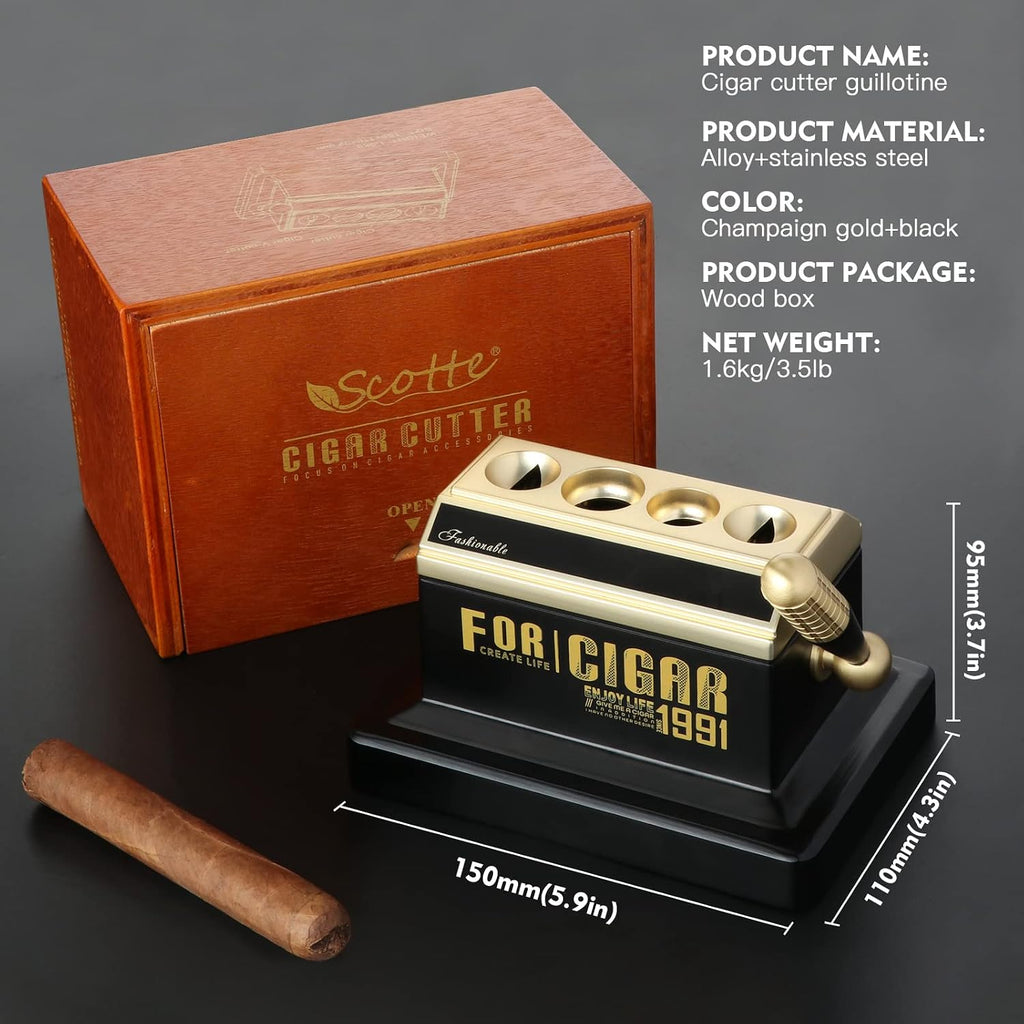 Scotte Table Cigar Cutter Guillotine Sharp V Cut Straight Cut Cigar Cutters for 52 and 60 Ring Gauge Cigars with Wood Box Packing