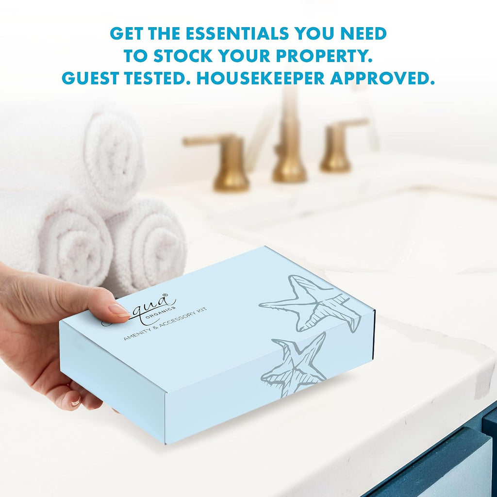 Aqua Organics Amenity Kit | Boxed Hotel Toiletries Bulk Set | 1 oz Shampoo, Conditioner, Lotion, Body Wash & Bar Soap | 300 Sets per Case