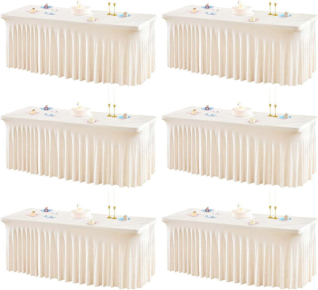 Shillance Ivory Spandex Table Covers 8ft, 6 Packs Fitted Table Covers for 8 Foot Tables Stretch Spandex Table Skirts Rectangle Tables for Event, Wedding, Banquet & Parties