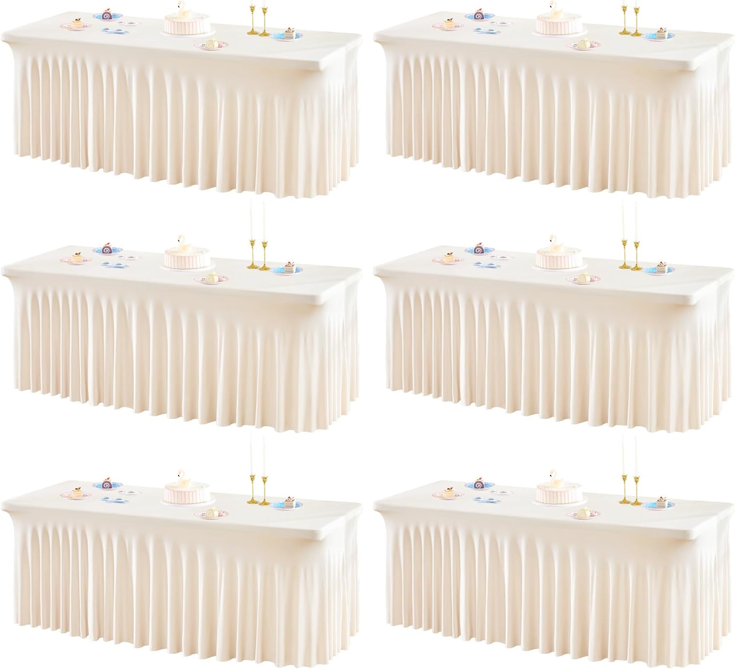 Shillance Ivory Spandex Table Covers 8ft, 6 Packs Fitted Table Covers for 8 Foot Tables Stretch Spandex Table Skirts Rectangle Tables for Event, Wedding, Banquet & Parties