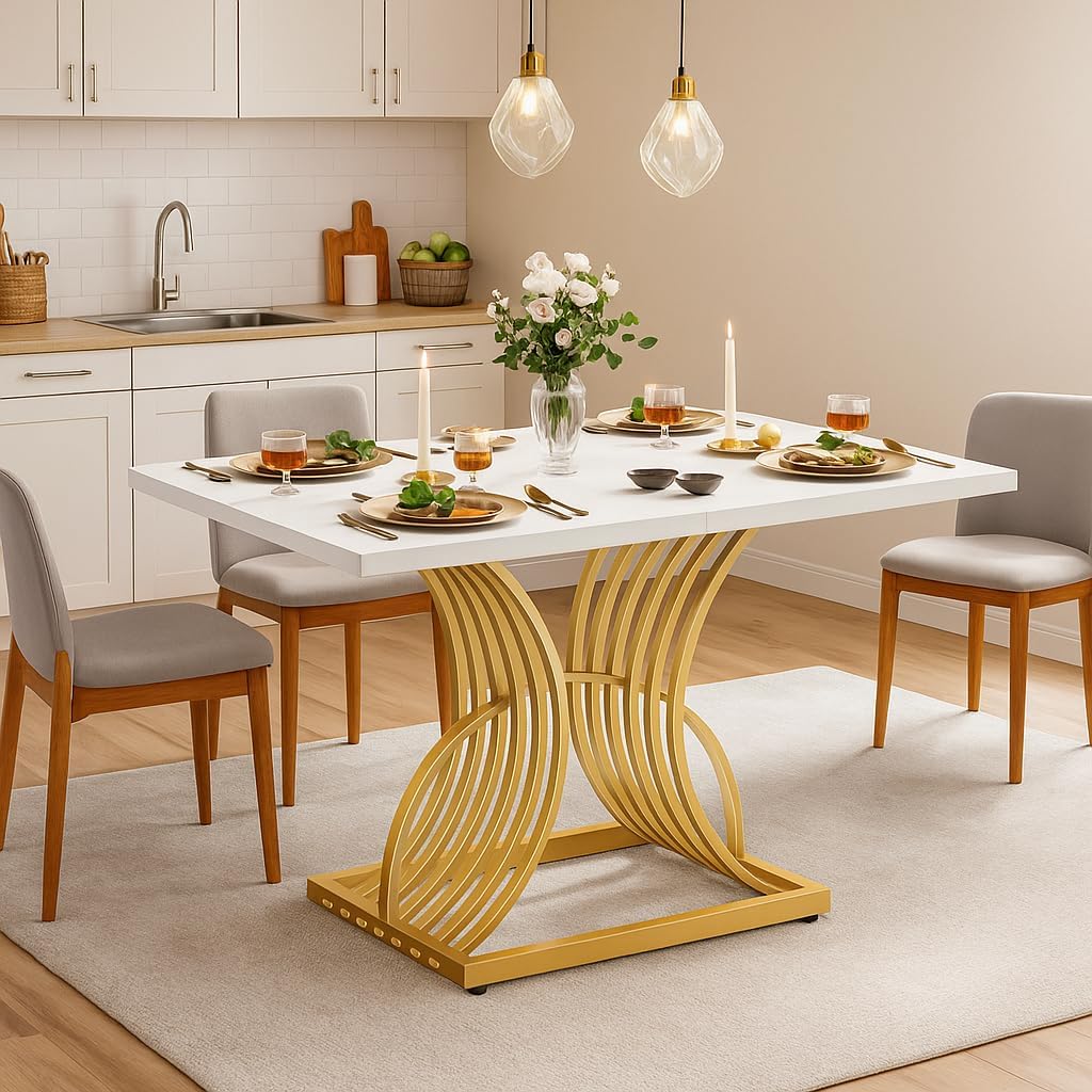 YITAHOME 47'' Modern Dining Table for 4, Small Kitchen Dinner Table with White Tabletop and Geometric Gold Legs, Rectangular Kitchen & Dining Room Furniture