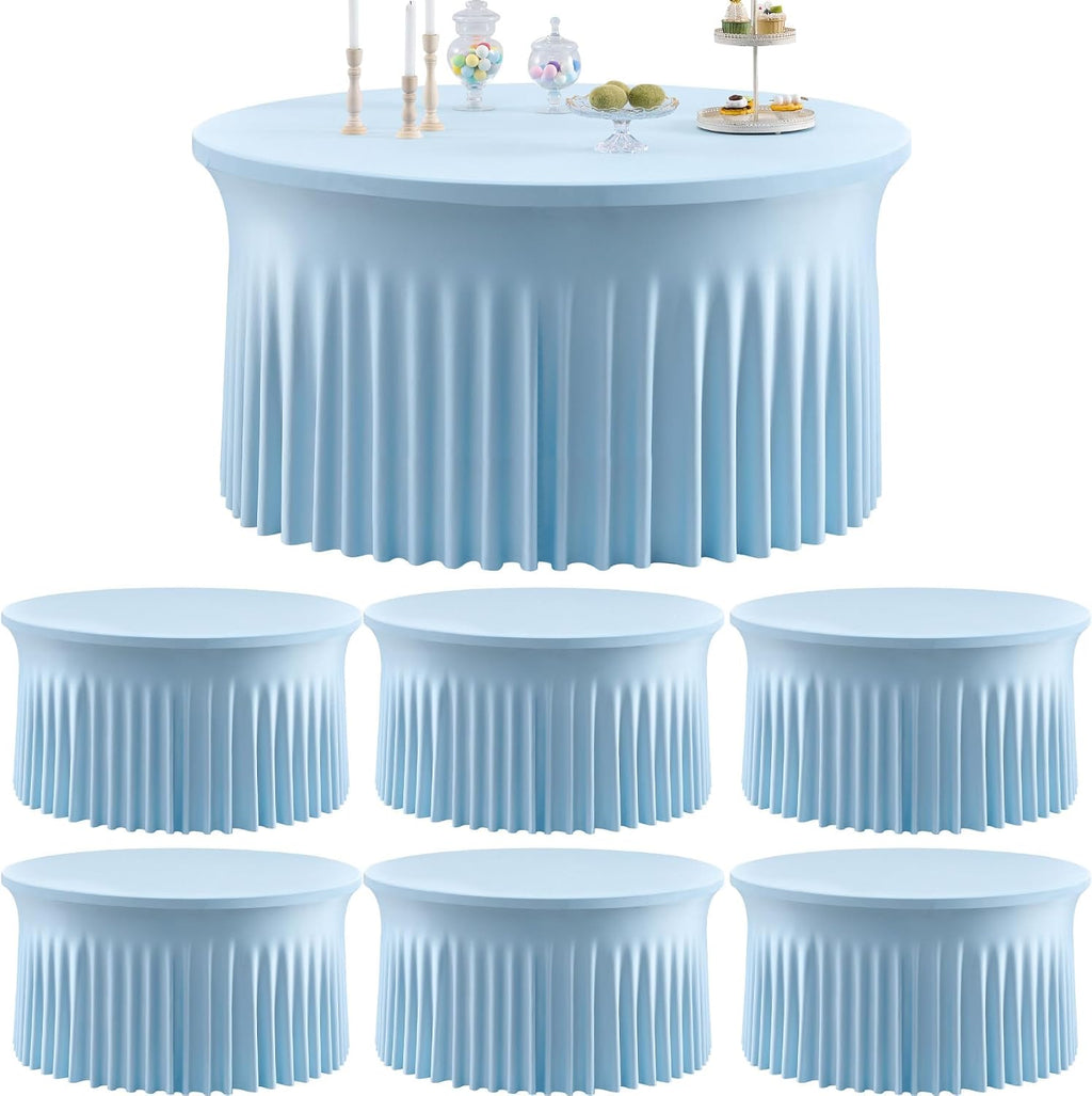 6 Pack Spandex Baby Blue Round Tablecloths for 60in Table, Stretchy 120inch Fitted 5ft Table Cloths, Wrinkle Free Round Tablecovers Skirt for Wedding Birthday Parties Baby Shower Banquet