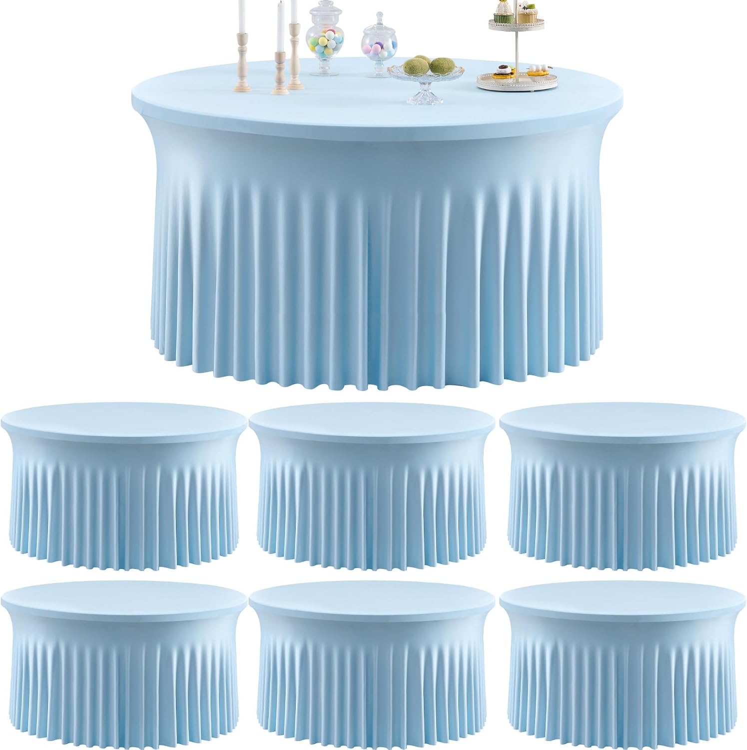 6 Pack Spandex Baby Blue Round Tablecloths for 60in Table, Stretchy 120inch Fitted 5ft Table Cloths, Wrinkle Free Round Tablecovers Skirt for Wedding Birthday Parties Baby Shower Banquet